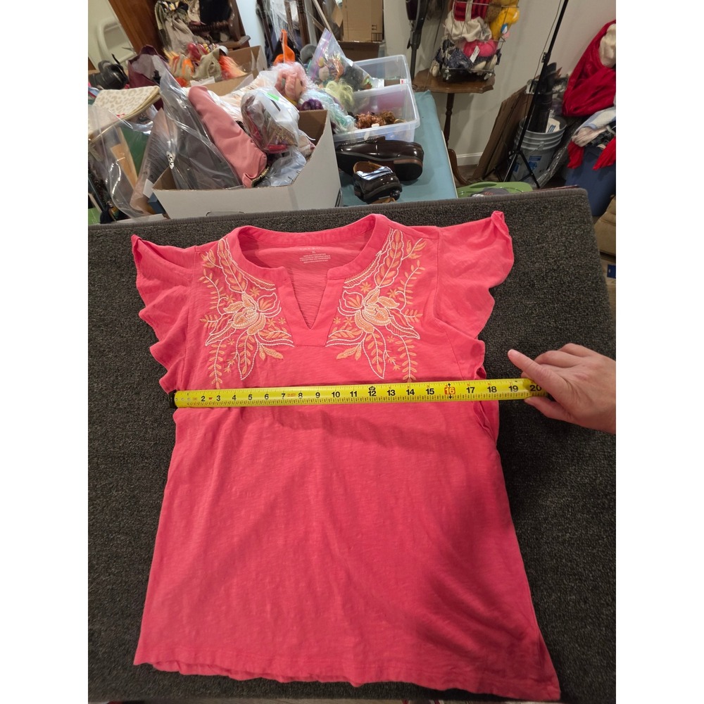 Talbots Coral Pink Embroidered Split Neck Flutter Sleeve Cotton Top XL - Picture 9 of 10